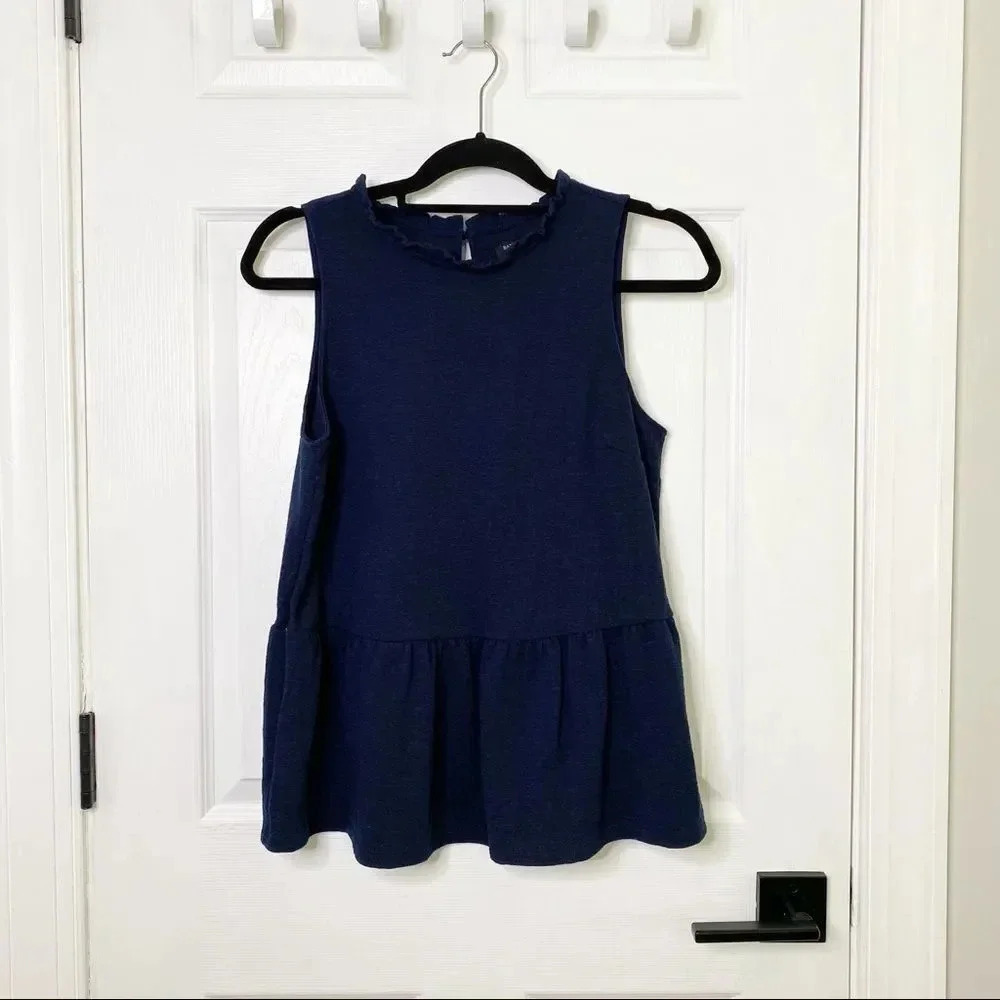 BANANA REPUBLIC FACTORY Navy High‎ Neck Ruffle Collar Peplum Hem Knit Top